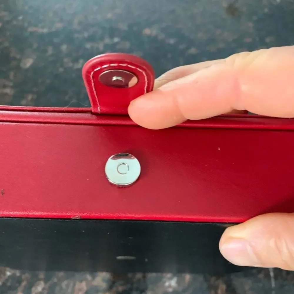 Jewelry red box, velour inside, vegan leather clear plastic screen, 9x9